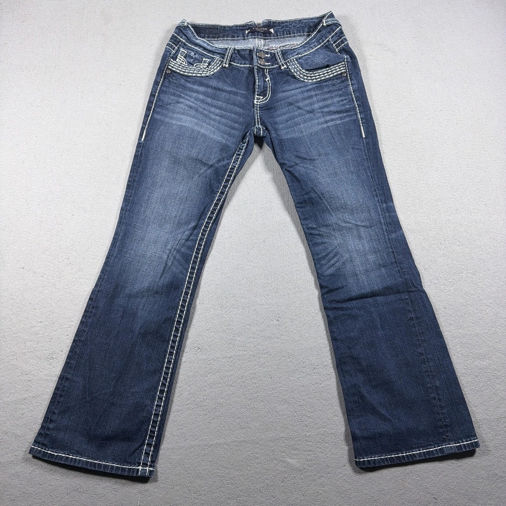 Vigoss Jeans Women 30 Medium Wash Blue Bootcut Low Rise Embroidered Denim Y2K